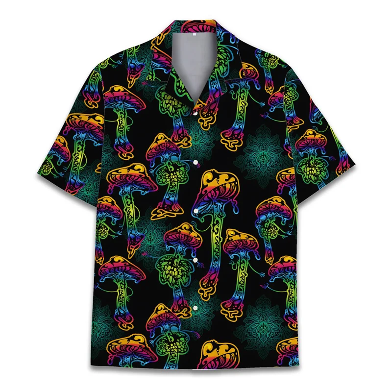 Colorful Mushroom 3d Print Hawaiian Shirt Men Summer Vacation Shirts Button Lapel Short Sleeve Street Beach Aloha Shirt Clothing