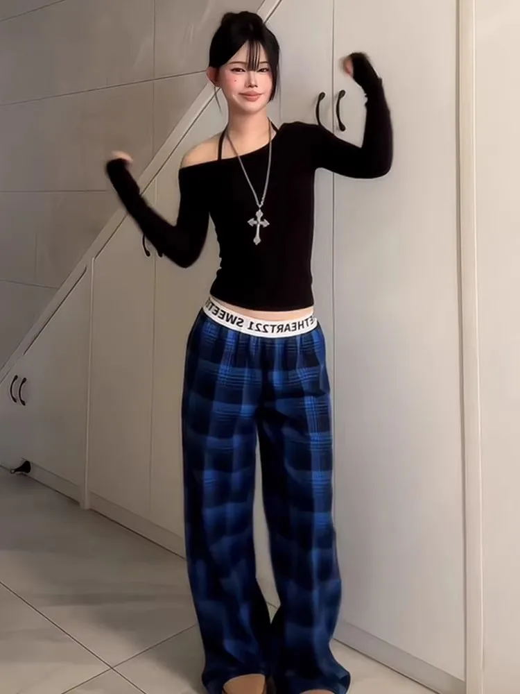 

Retro American Plaid Casual Pants Women Summer Letter Belt Wide Leg Loose Slimming Drapey Floor-Length Pants