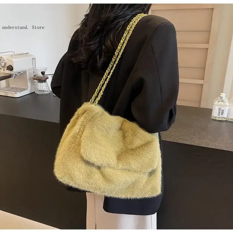 Autumn Winter Faux Fur Handbags Korean Vintage Large Capacity Tote Bag Women's Plush Chain One Shoulder Bags