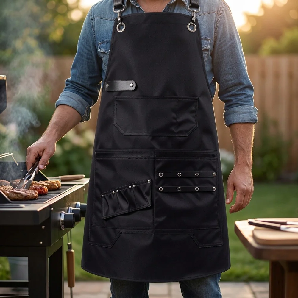 Oil-resistant and waterproof BBQ apron made from toughened polyester for grilling cooking and baking in active environments