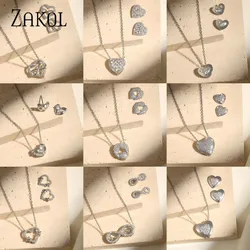 ZAKOL Fashion Sliver Gold Color Heart Stud Earrings Necklace Set For Elegant Women Simple Zirconia Crystal Wedding Bride Jewelry