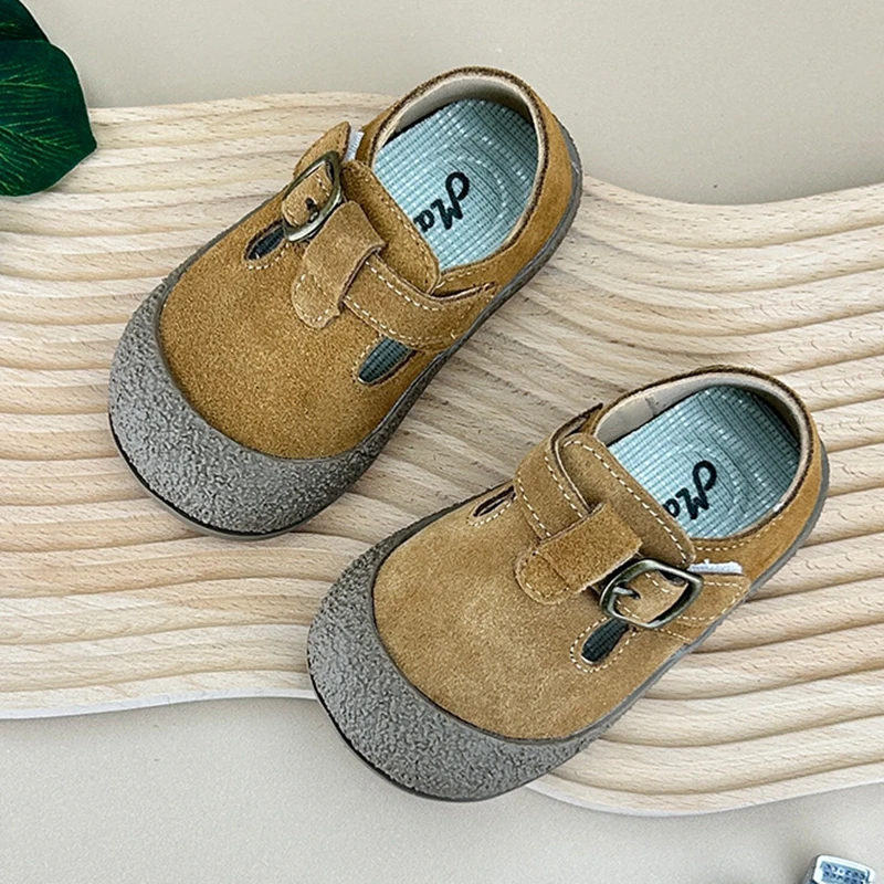 Claladoudou Baby Boys Strap Shoes 0-3years Old Kids Girls Suede Flats Shoes Khaki Yellow Toddler Woman Fashion Spring Shoes