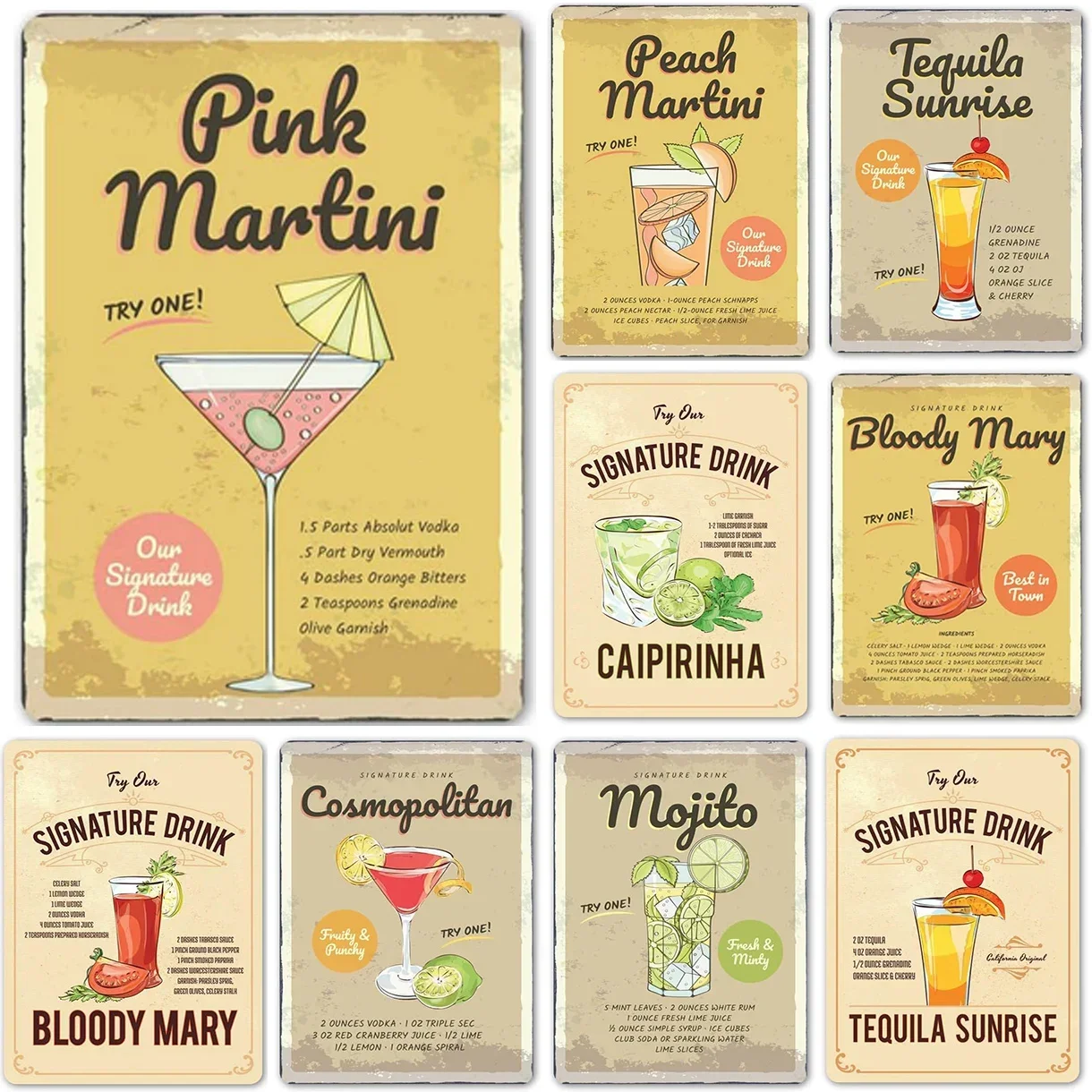 Metal Tin Signs Cocktail Pink Martini Wall Decoration Plaque Vintage Poster Iron Painting for Man Cave Home Cafe Garden Club Bar