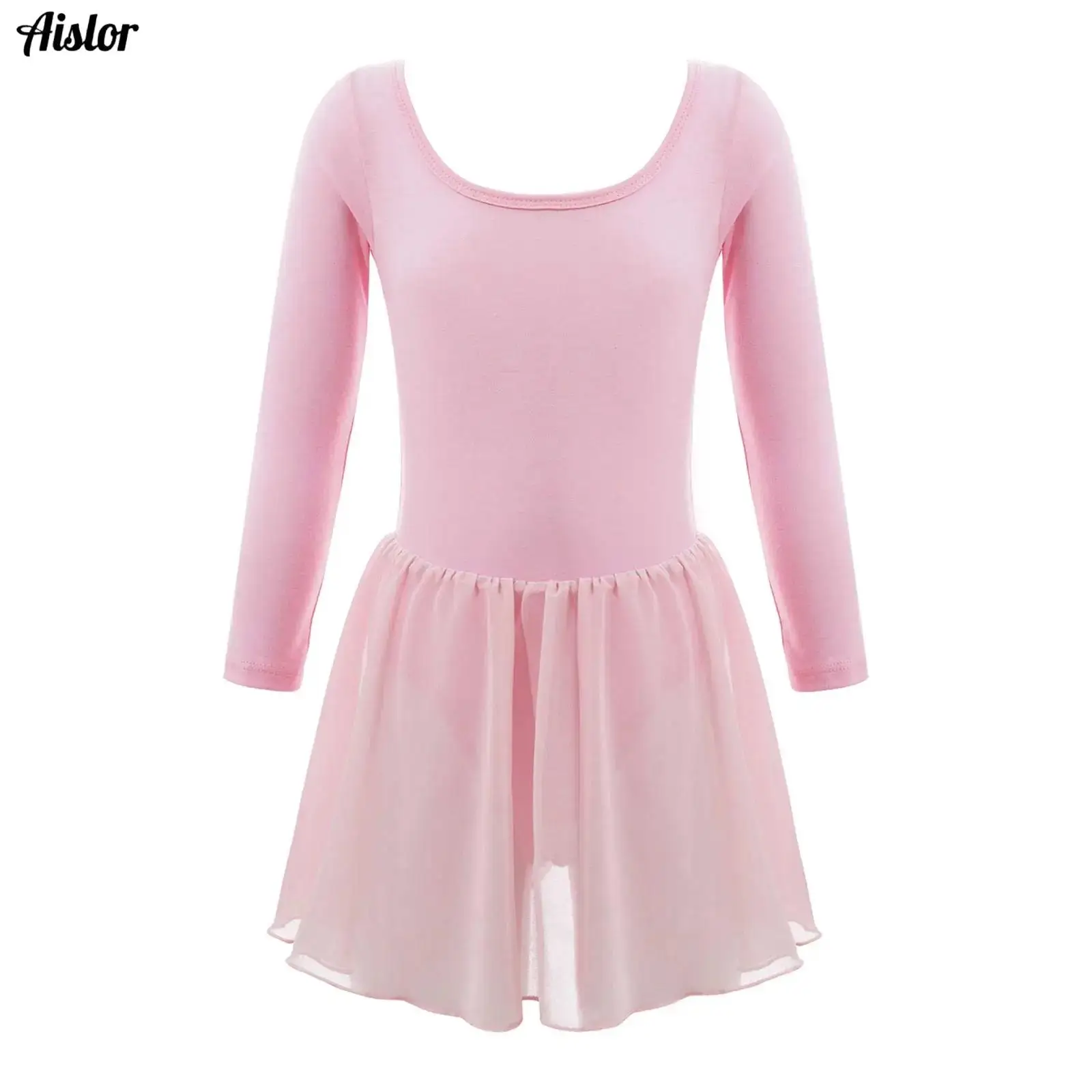 Girls Long Sleeves Ballet Dance Dress Outfit Cotton Purity Dress Chiffon Tied Skirt Set Gymnastics Leotard Ballerina Dancewear