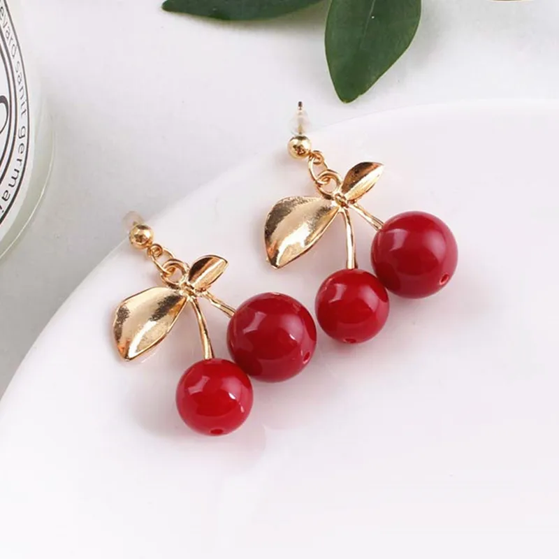 Fashion Cherries Earrings Sweet Crystal Earring Red Style Metal Stud Leaf Earrings For Women Jewelry wholesale
