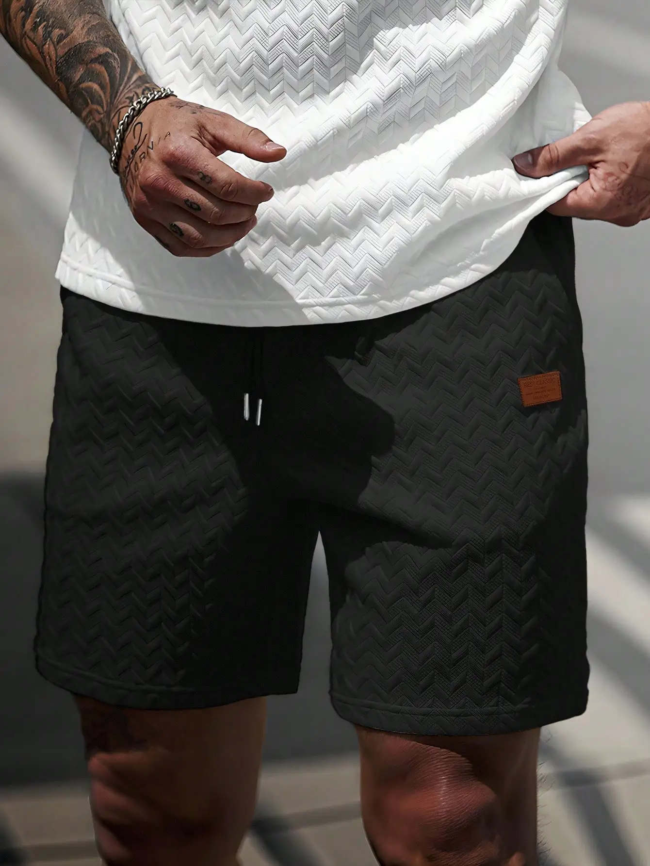 

Мужские летние текстурированные жаккардовые сетчатые шорты с завязками, повседневная уличная одежда, черные