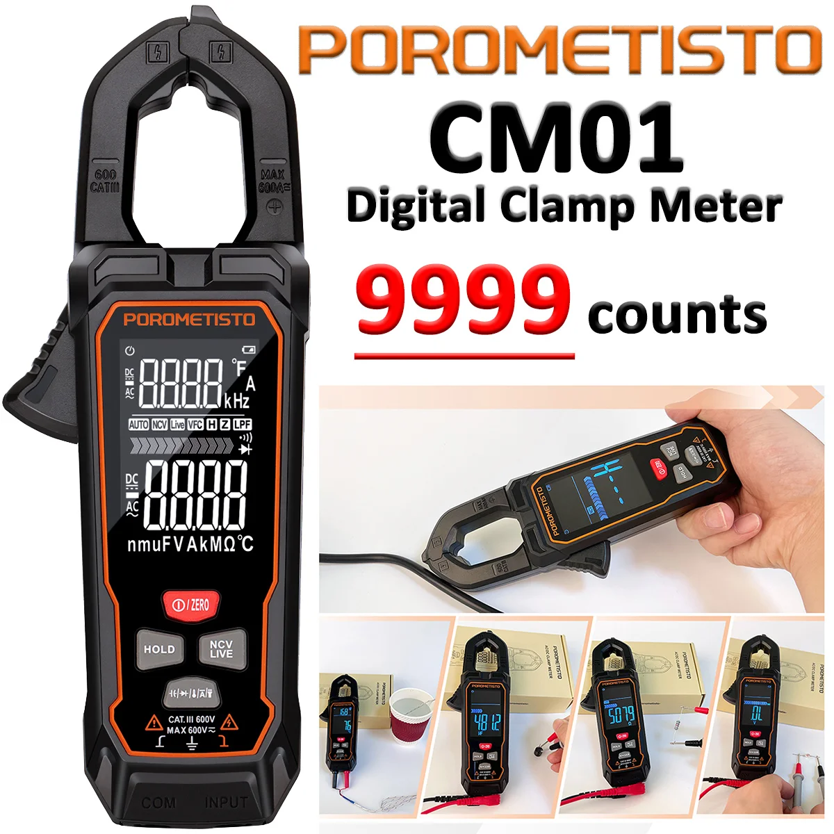 POROMETISTO CM01/CM01SE Digital Clamp Meter Big Screen 9999 Counts DC AC Current Multimeter Voltage True RMS NCV Ohm Tester