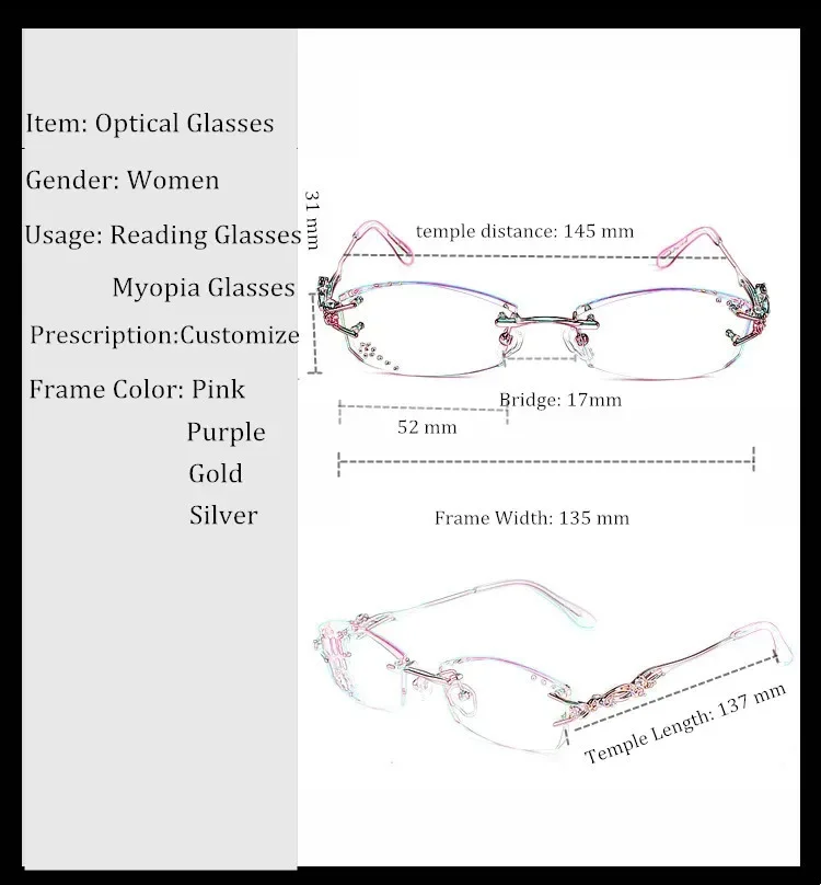 Chashma Luxury Tint Lenses Myopia Glasses Reading Glasses Diamond Cutting Rimless Prescription Glasses for Women