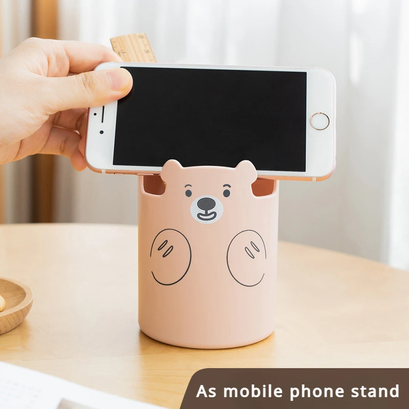 Japanese Ins Cute Cartoon Bear Pen Holder Creative Mobile Phone Holder Makeup Brush Storage Bucket Office Desktop Accessories