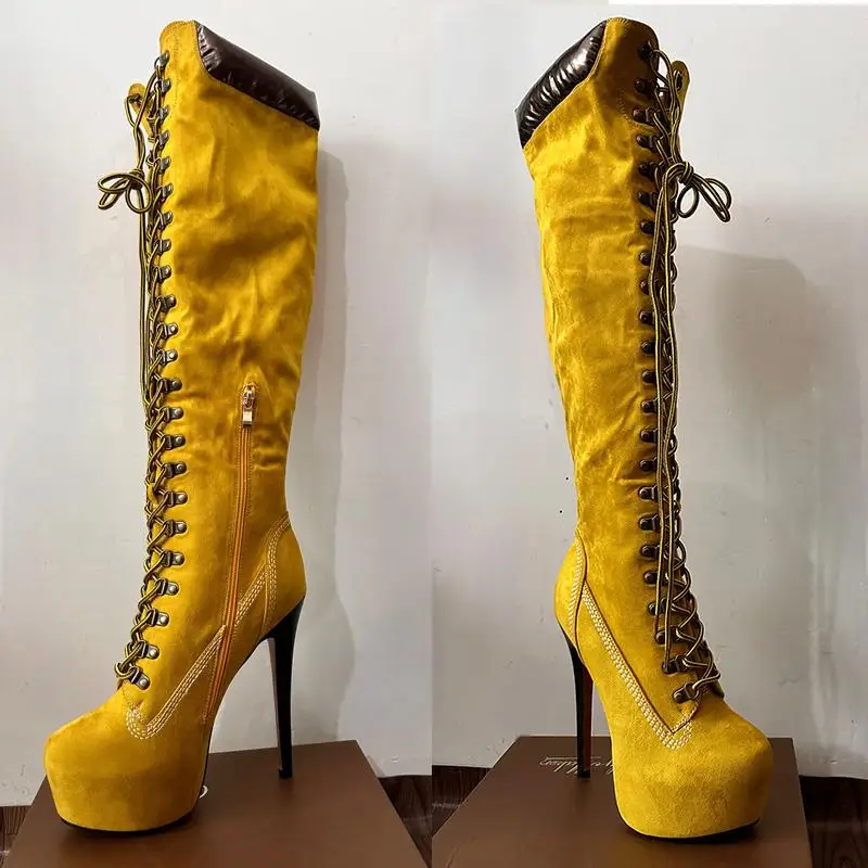 Onlymaker Women Platform Over The Knee High Boots Front Lace-Up Thin Heel Stiletto Stretch Cool Woman Big Size Boots