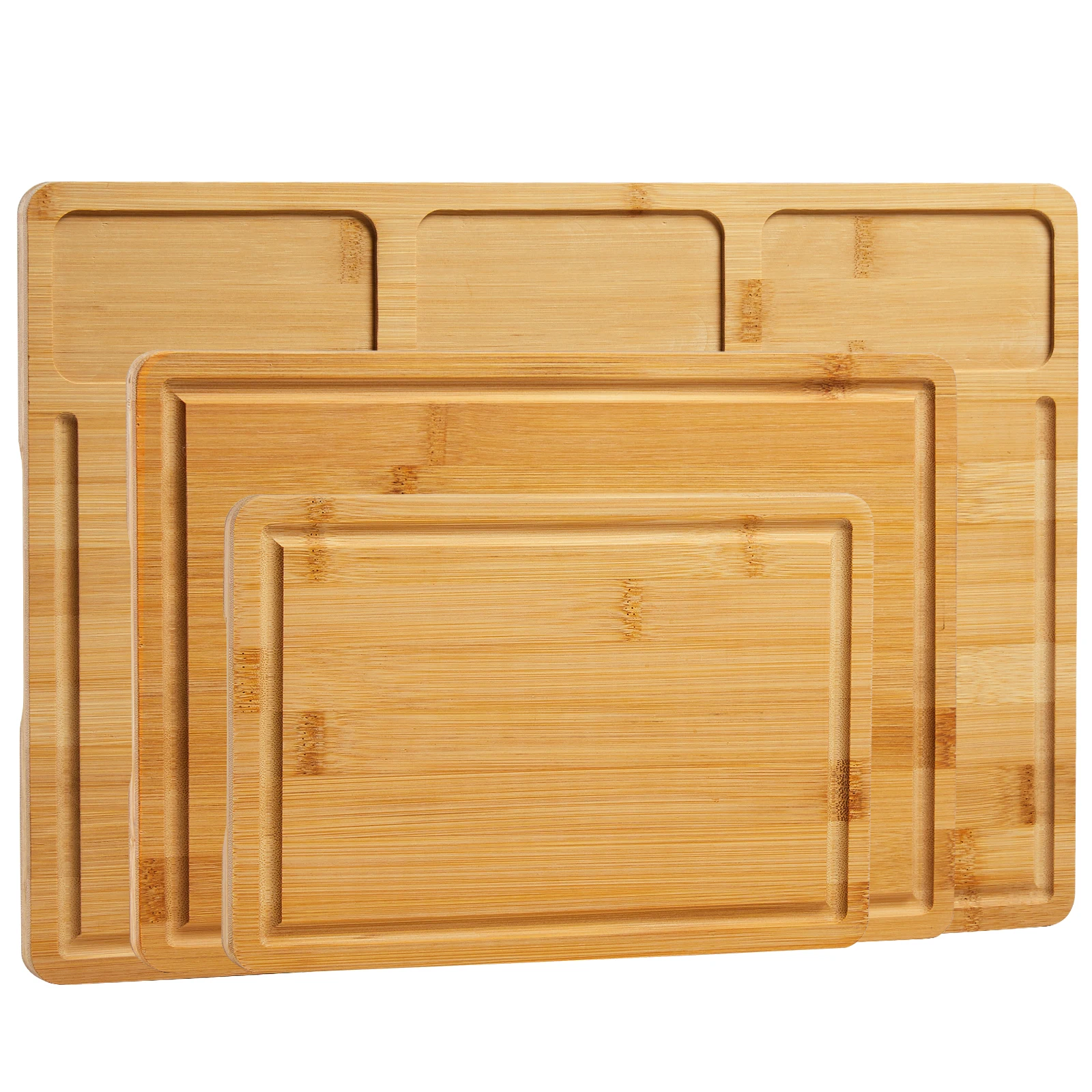 Bamboo Cutting Board Set, 3-Piece Natural Wood Cutting Boards with Juice Groove, Prep Slots and Inner Handles, Food-Grade Kitchen Chopping Boards for Meat, Vegetables, Fruit and Cheese