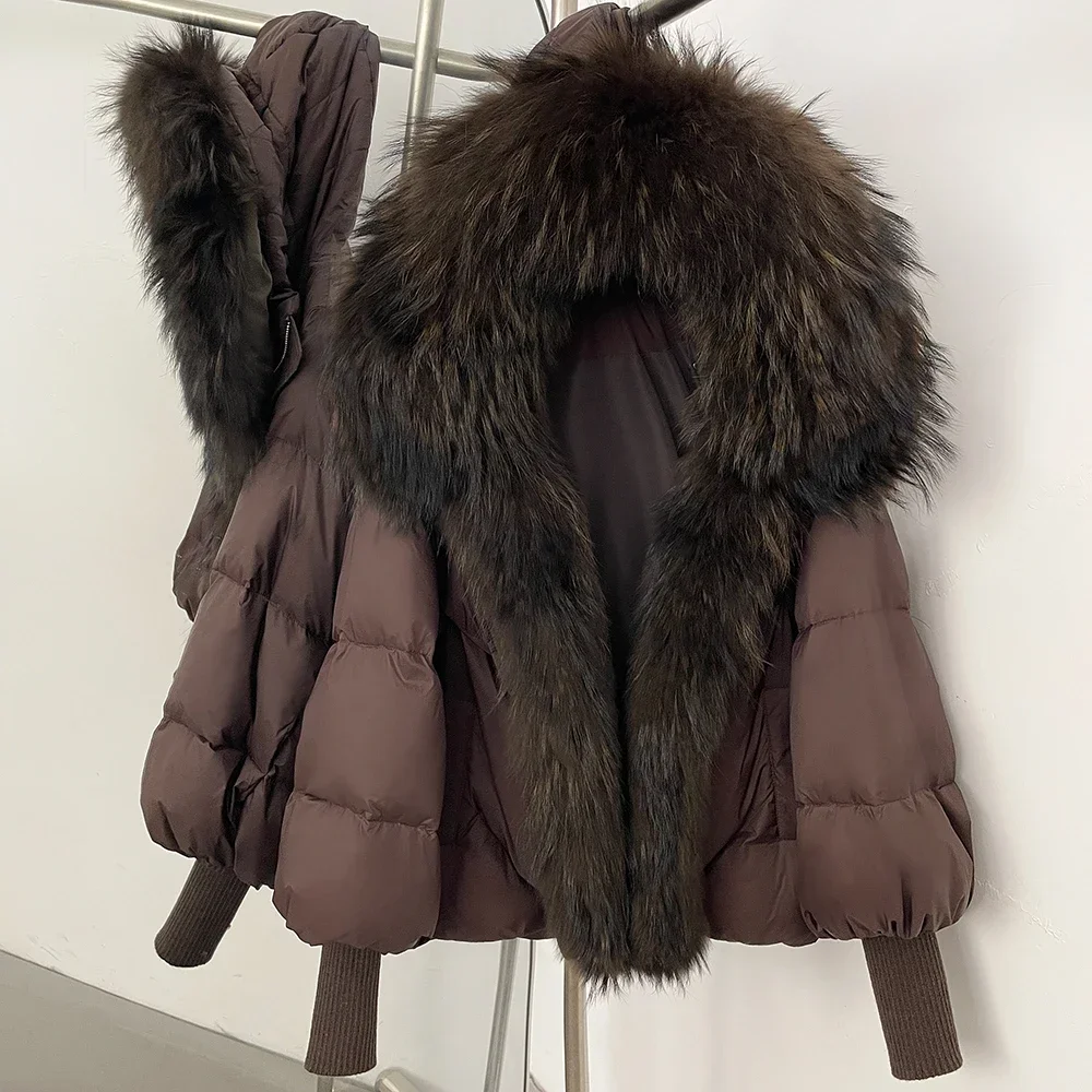OFTBUY Neuer Wintermantel für Damen, Vollumhüllter Oversize-Mantel mit Echtfuchspelzkragen, Gestrickten Manschetten, Puffärmeln, Kurzer Daunenpuffermantel – Detail 25