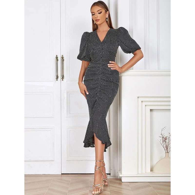 Msmusi 2024 neue Mode Frauen sexy Dot Print Falbala Rüschen drapiert falten Kurzarm Bodycon Party Club Event schlanke Midi-Kleid