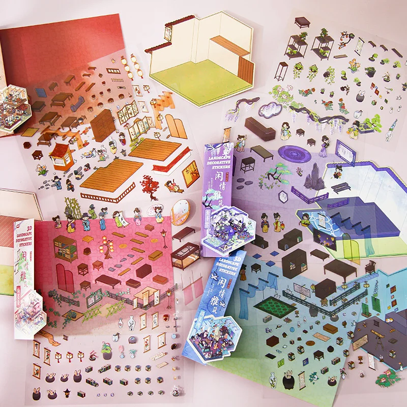 Chinese Retro Kamer Layout Sticker Esthetische 3D Stapelen Scène Scrapbook Journal Sticker DIY Decor Landschapsarchitectuur Sticker Kids Gift