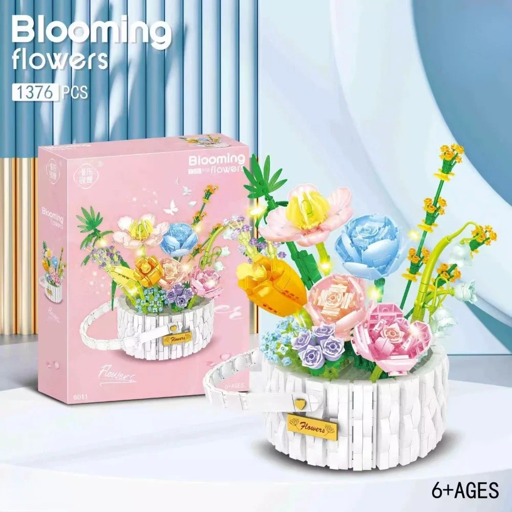 Summer Sunshine Flower Basket Building Blocks Bouquet Bricks Toys Home Decoration Children Holiday Gift