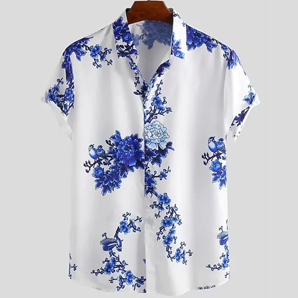 Summer Men Comfortable Casual Shirt Traditional Ink Wash Koi Fish Plum Flower Pattern Lapel Button‑Up Beach Shirt