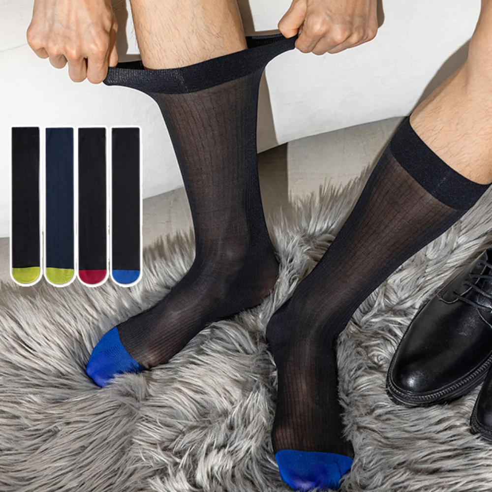 Breathable Stripe Men Thin Dress Tube Socks Sheer Translucent Patchwork Business Stockings Mid-calf Thin Male