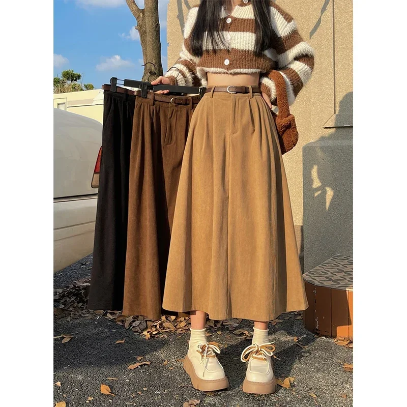 Vintage Pasek Sztruksowa Spódnica Midi Kobiety Wysoka Talia Plisowane Spódnice A Line Jesień Zima Streetwear Koreańska Spódnica Casual All Match