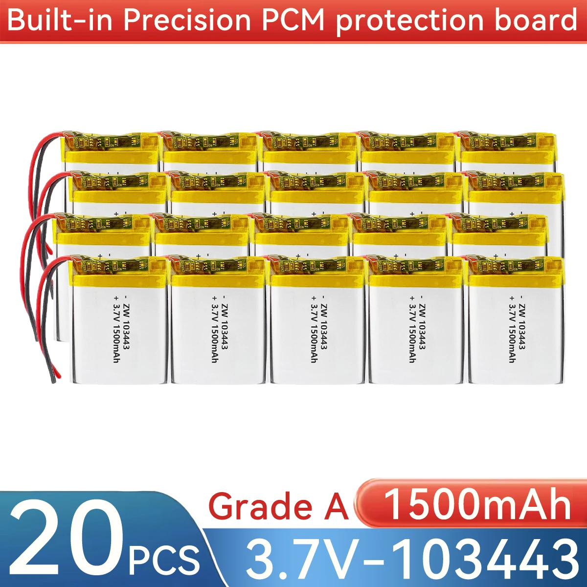 1500mAh 3.7V Rechargeable Li-Polymer Battery 103443 with JST1.25mm PH2.0mm XH2.54mm Plug Compatible with 603443 703443 803443