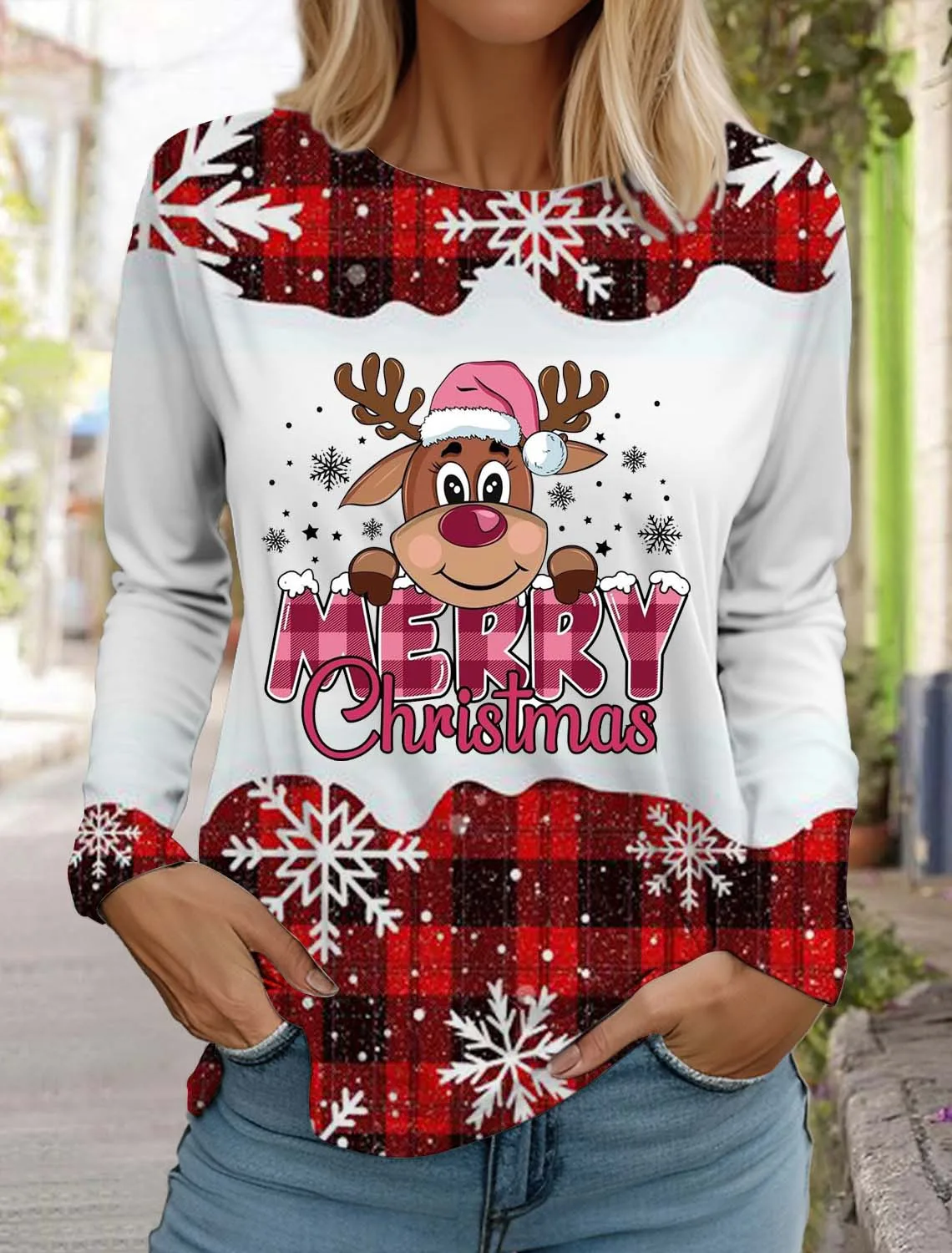 Christmas Animal Elk Women\'s Long Sleeves T-Shirt Monogram Round Neck Long Sleeved Autumn Clothing Holiday Fashion Party T-Shirt