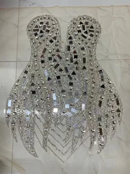 Custom Hand Made Silver Sew on Rhinestone Crystal Beaded Tailored Embroidery Applique Patch For Sewing Costumes Wedding Dress