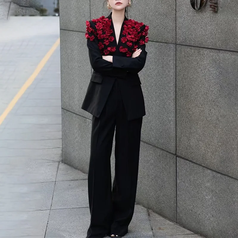 

Women's New Heavy Industry Three-dimensional Rose Design V-neck Suit + High-waisted Straight Pants Romantic French Two-piece Set