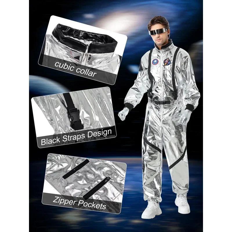 زي رائد فضاء فضي للرجال مع قبعة ونظارات شمسية وقفازات – بدلة فضائية لحفلات الهالوين والكرنفال والحفلات التنكرية والخيال العلمي mb.3