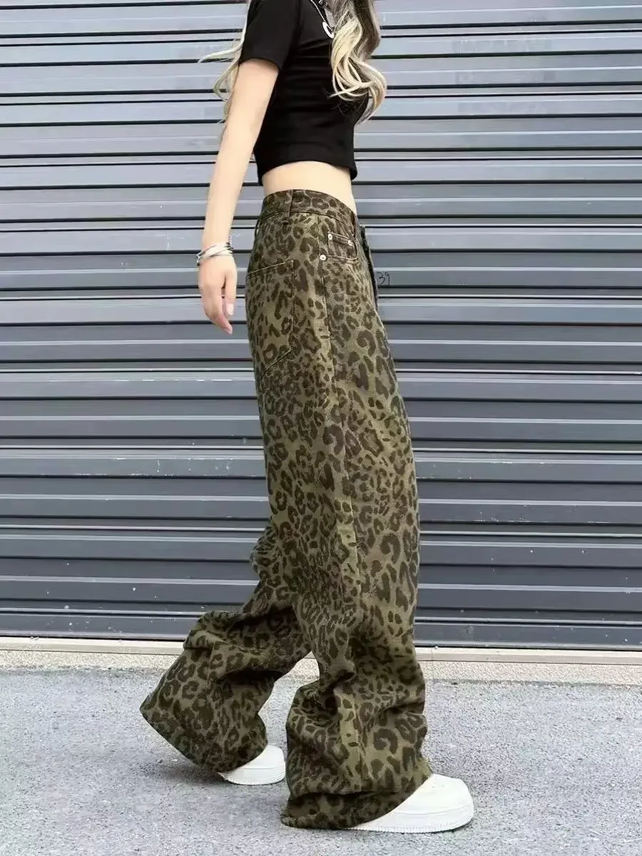 Frauen Denim Hosen Herbst Frühling Leopard Print Breite Bein Jeans Vintage-Mode Weibliche Hohe Taille Beiläufige Gerade Jeans Hosen