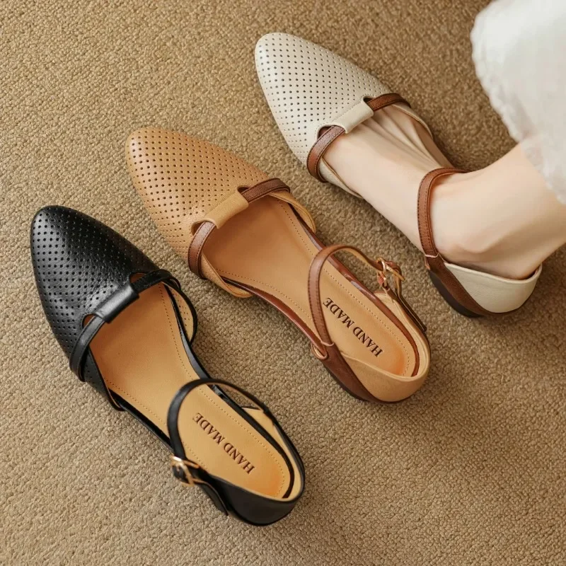 

2025 women's sheepskin mix color patchwork hollow-out ankle strap flats sandals pointed toe casual summer shoe