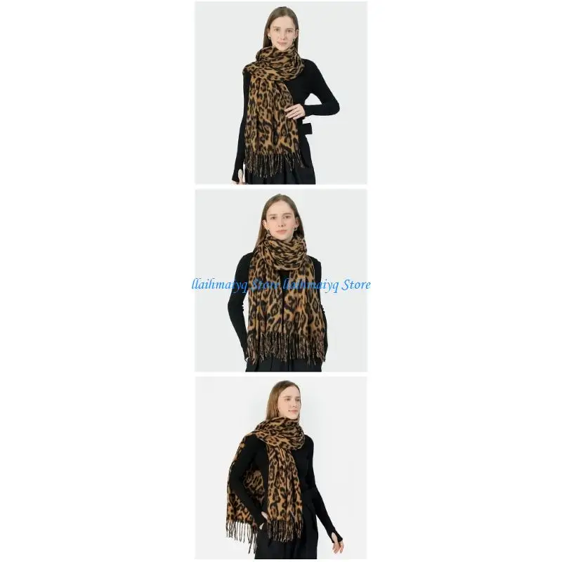 

573B Women's Leopard Design Cashmere Wrap Lightweight Warm Scarf Stylish Fringe Edges