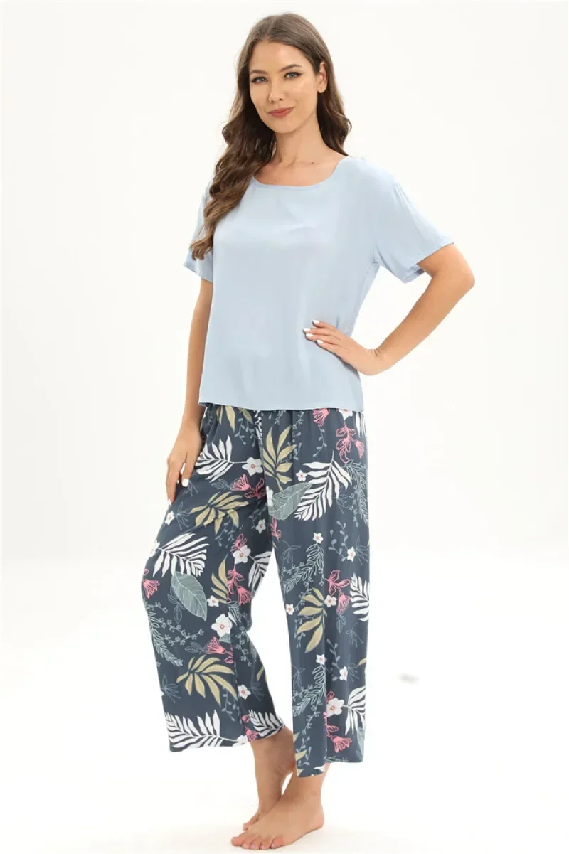 Damen Pyjama Set 2 Stück Blumen druck Viskose Pyjama Nachtwäsche Frühling Sommer Kurzarm Hosen Pijama Mujer Pyjs Homewear