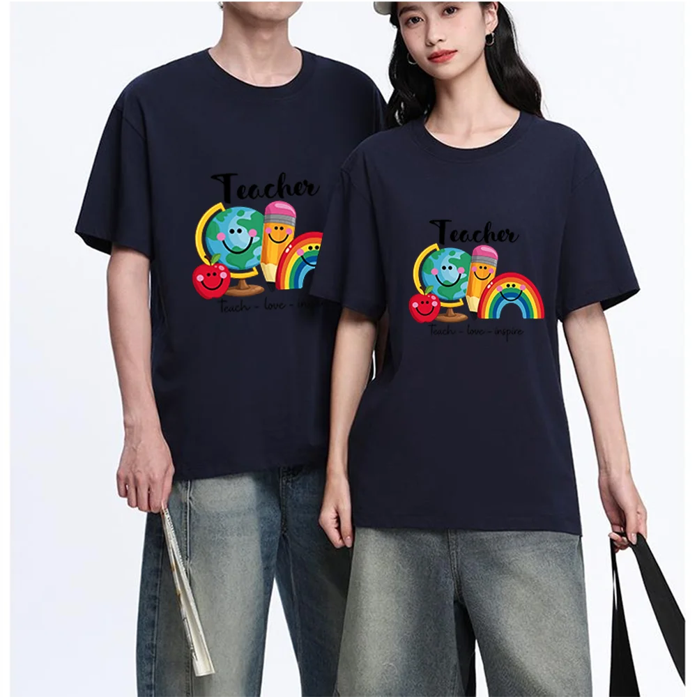 Smiley Globe Pencil Rainbow Apple Printed T Shirt Breathable Fabric S-XXL Personalized Custom Casual Short Sleeve Tee Aesthetic