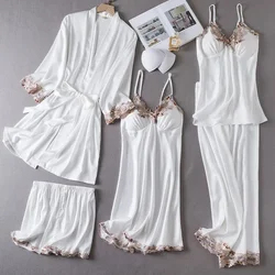 Sexy Lace 5PCS Bathrobe Gown Set Women Pajamas Set Loungewear Spring Summer Satin Kimono Robe Suit Sleepwear Casual Home Clothes