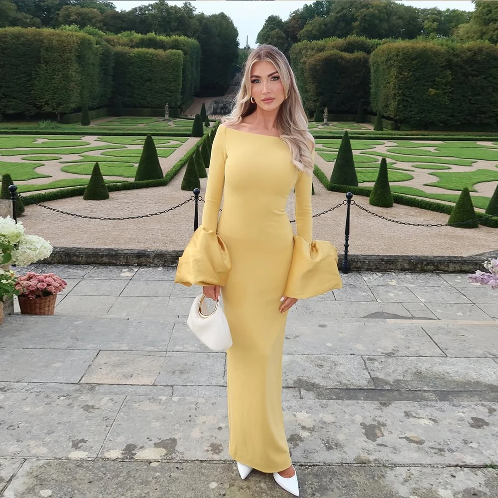 

Customized Mermaid Evening Dresses with Flare Sleeves Elegant Yellow Strapless Party Gowns for Women Long Cocktail Dress