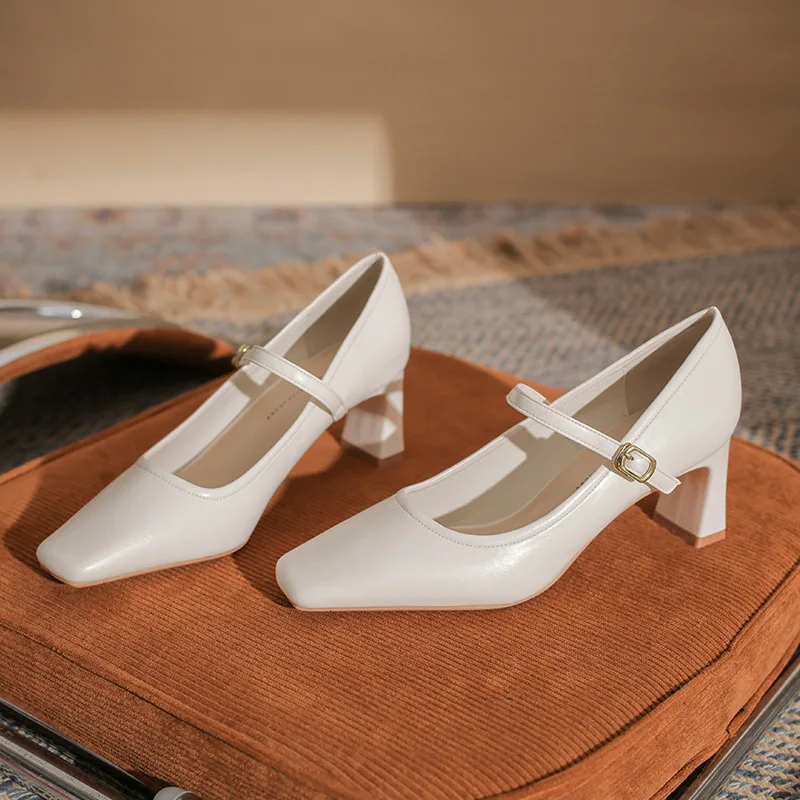 Zapatos de tacón clásicos con punta cuadrada para mujer, correa con hebilla en el tobillo, perfectos para trajes de vestir vaqueros informales