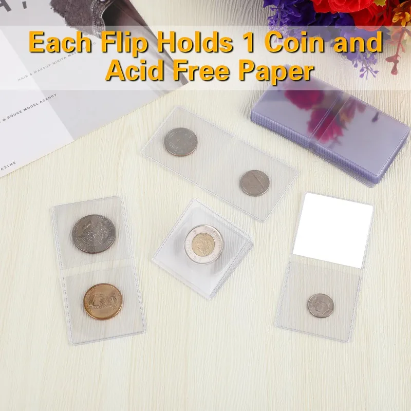 50/100PCS Double-Pocket Plastic Coin Flip-Top Storage Bags Coin Folding Bags Transparent and Secure for Long-Term Coin Storage