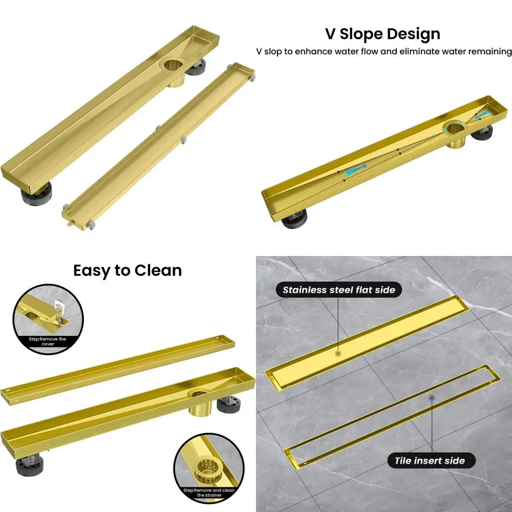 

60 Inch Linear Shower Drain with Reversible Tileable Grate, Brushed Stainless Steel Floor, Gold Finish, Rectangular Design