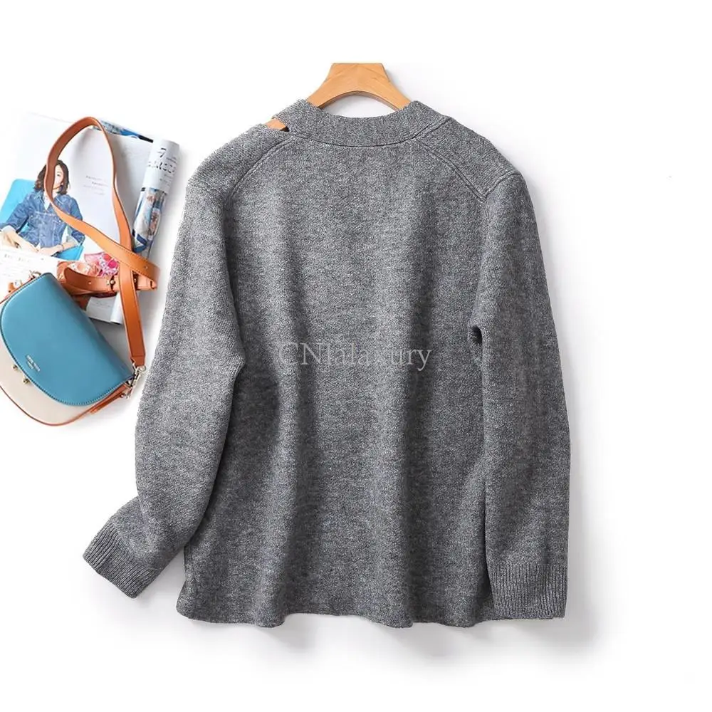 CNlalaxury 2023 Autumn Winter New Female Solid Color Simplicity Sweater Chic Cardigan Loose Coat Tops Sense Of Design V Neck