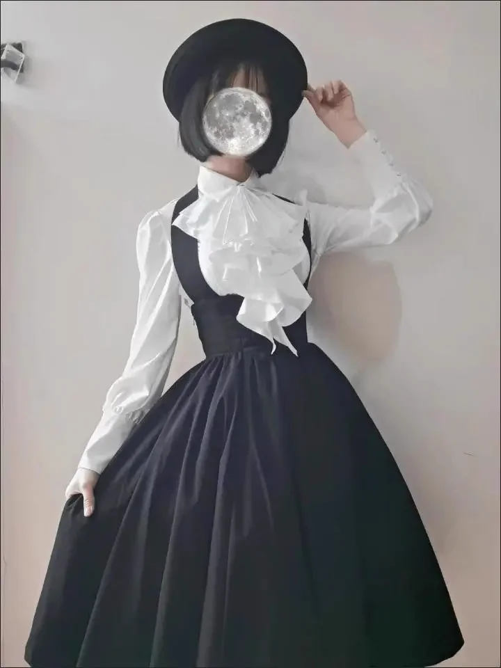 

MAGOGO Рубашка с длинными рукавами в японском стиле Лолиты в готическом стиле + новая тонкая черная юбка на подтяжках с высокой талией, милые комплекты из двух предметов