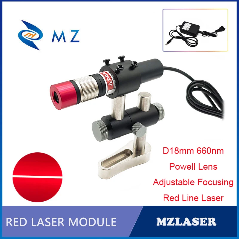 

Powell Lens Red Line Laser Diode Module Adjustable Focus D18mm 660nm 200mW Industrial Uniform Line Laser With Bracket + Adapter