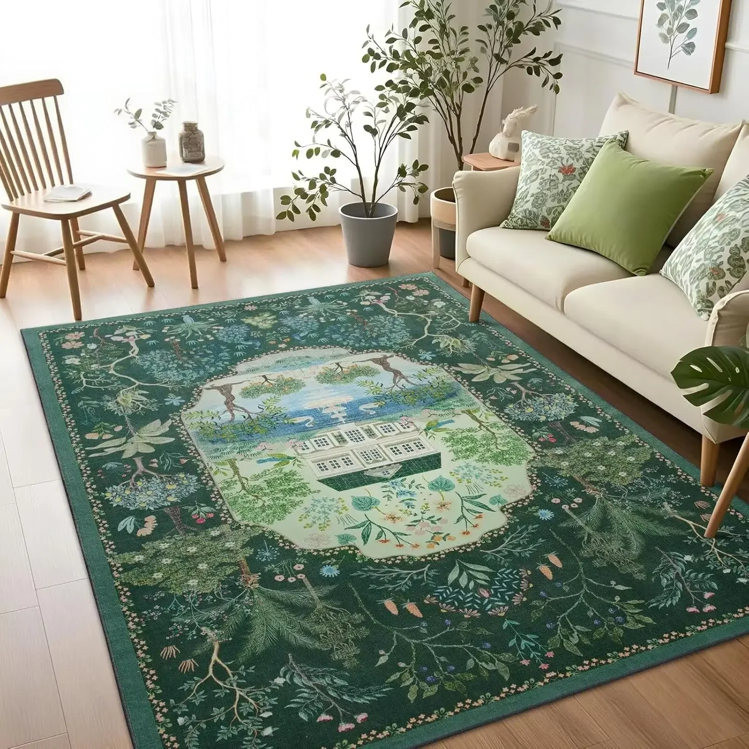 Pink Countryside Garden Pattern Area Carpet Retro Carpet Elegant Carpet Decoration with Swan Fountain and Peacock Design