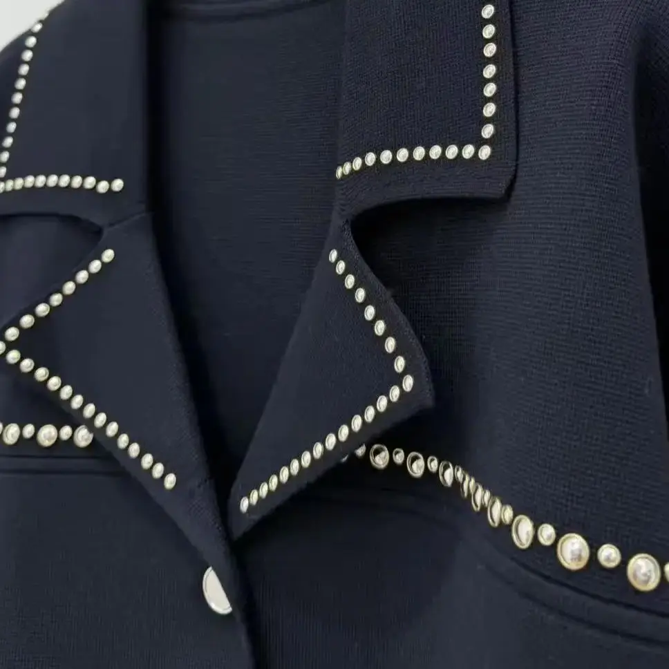 

Spring Women Turn-down Collar Long Sleeve Single-breasted Pearl Beaded Solid Knit Cardigan Loose Elegant Fashion Knitwear Coat