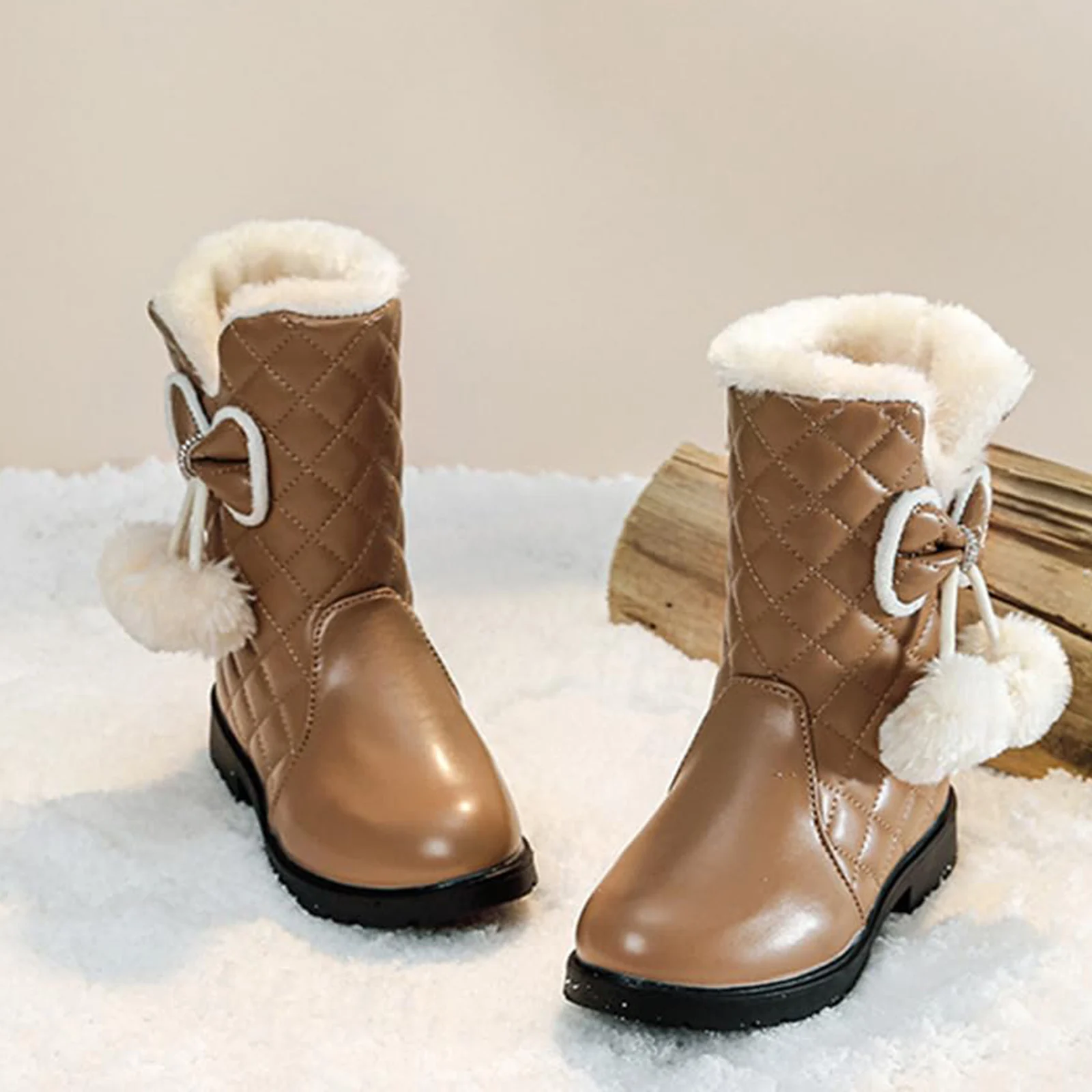 

New Girl's Fashion Grid Pattern Thickened Snow Boots Solid Sweet Warm Plus Cashmere Lined Boots Non-slip Outdoor Casual Shoes