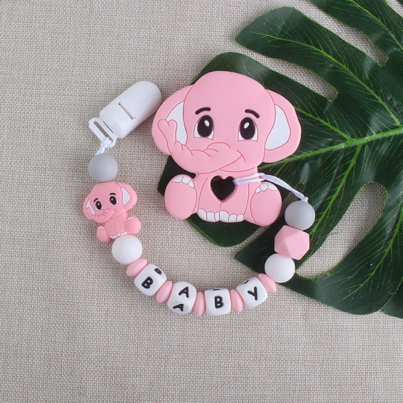 Personalized Name Custom Baby Pacifier Chains Silicone Teether Toys Newborn Toddler Pacifier Clips Holder Elephant Baby Teething