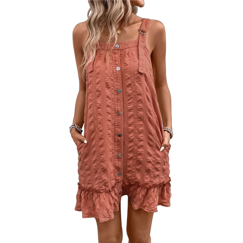 【SEE】Womens Summer Dresses Scoop Neck O-Ring Shoulder Button Tank Sundress Casual Swing Short Dress