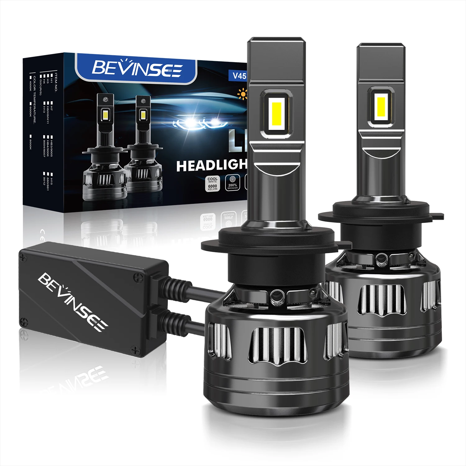 BEVINSEE V45 H7 LED Headlights H4 High Low Beam 120W 22000LM CANBUS H11 H1 9005 HB3 9006 HB4 H8 H9 9012 Auto LED Headlamp Bulbs