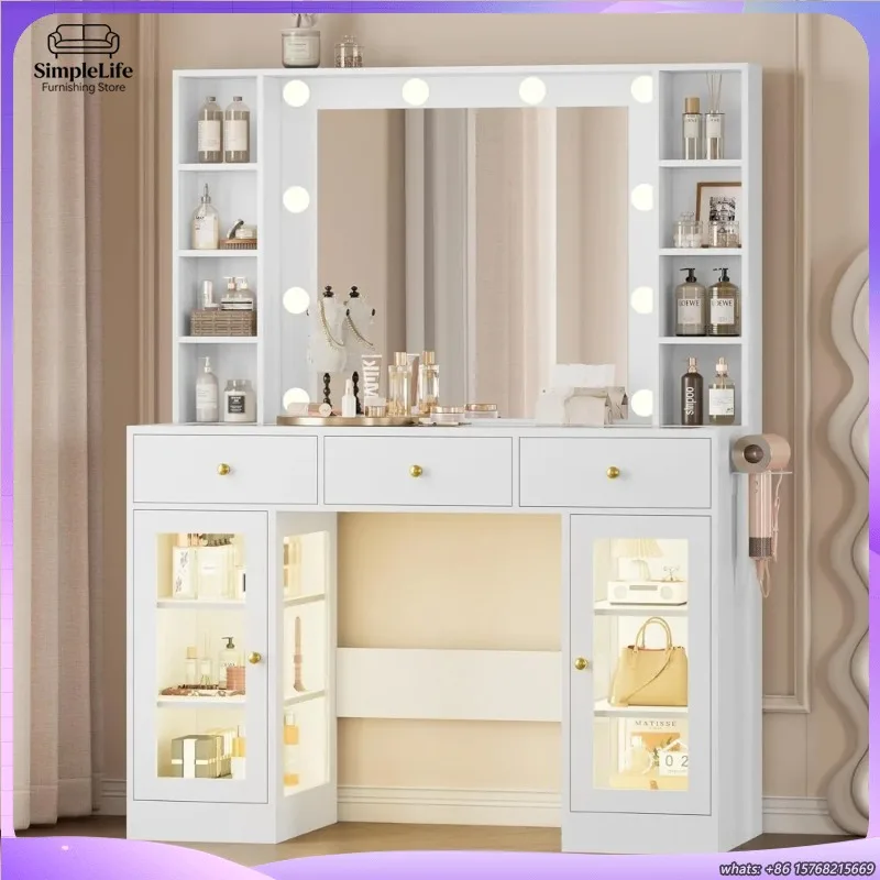 White Vanity Table with Tempered Glass Top LED Lighting and Built in Power Socket Three Storage Drawers