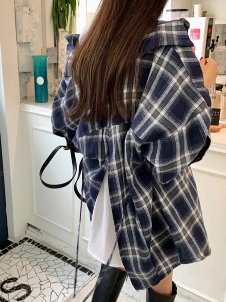 

Женская свободная рубашка в клетку с длинными рукавами, весенне-осенняя, модная, с разрезом сзади, универсальный повседневный топ в корейском стиле