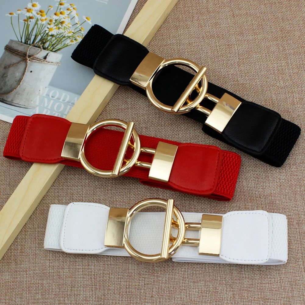 Fashion Belts for Women Simple Waist Elastic Ladies Band Round Buckle Decoration Dress Coat Sweater Party Belt Girdle Belt Gift