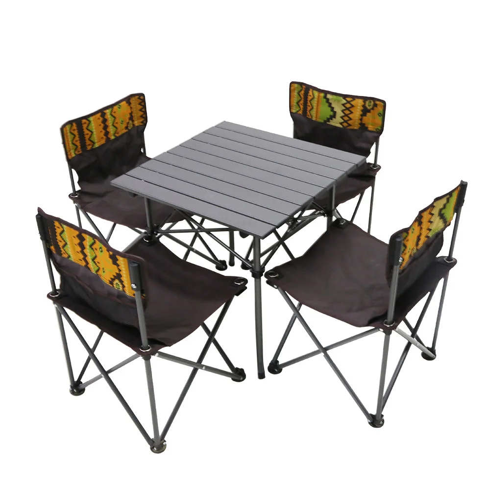 High Quality 4 Person Aluminum Alloy Pole Foldable Portable 4 Chair 1 Table Outdoor Camping Furniture Equipment Picnic Gear